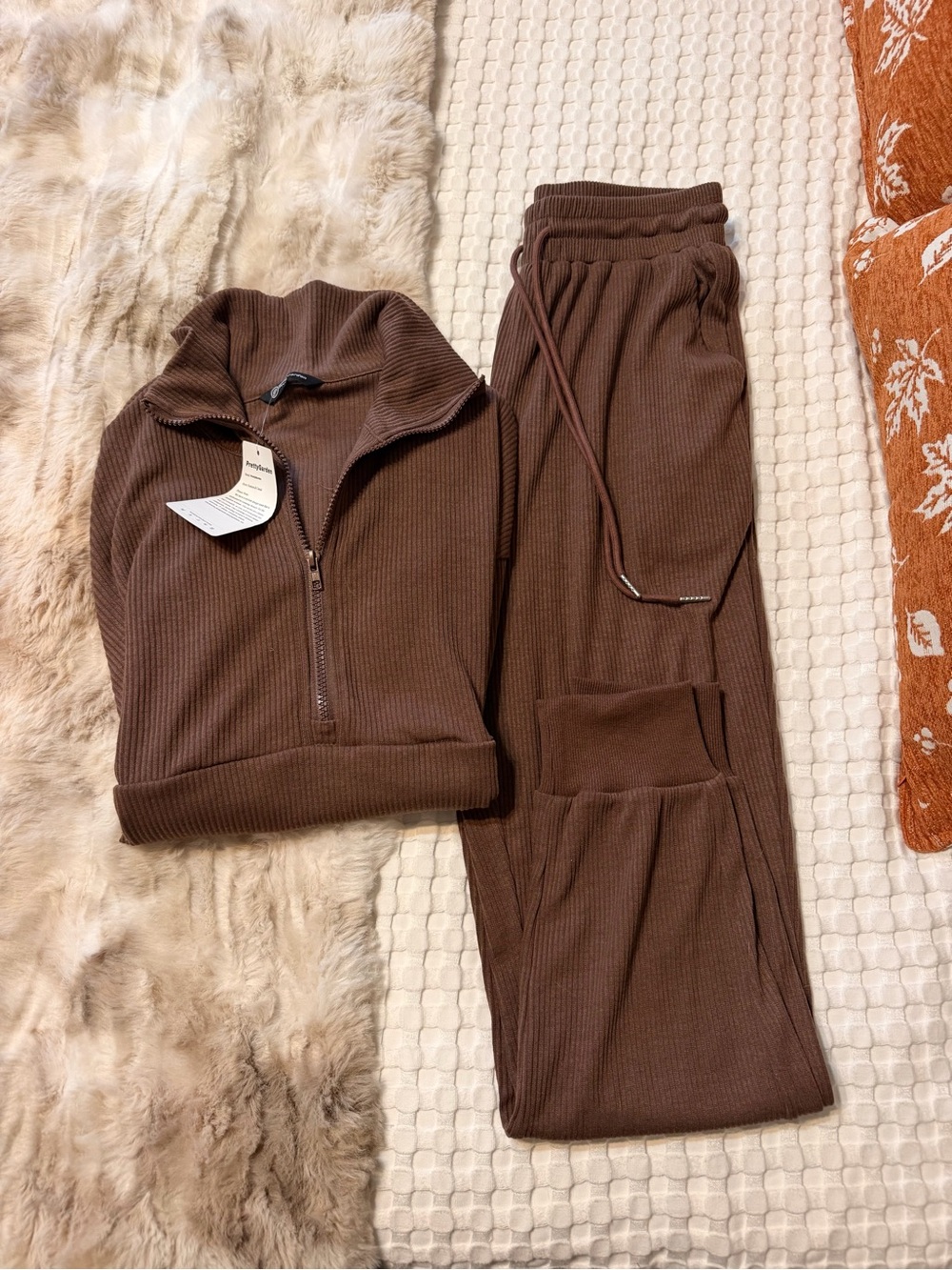 Women's Brown Ribbed Half-Zip Sweatshirt & Joggers Set